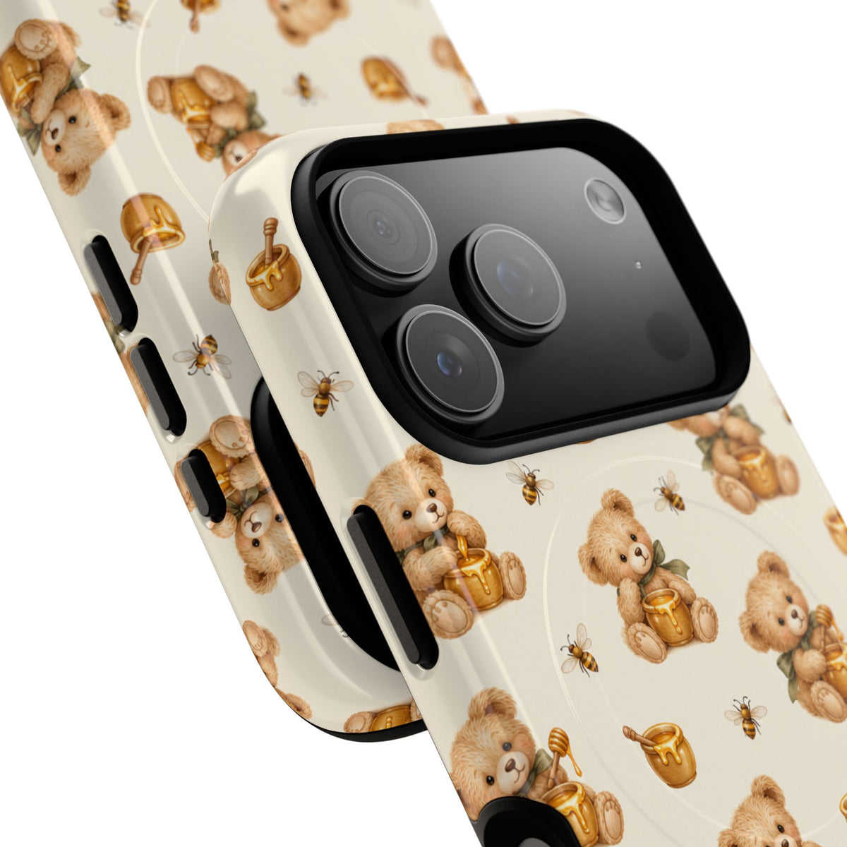 Honingknuffelbeer iPhone-hoesje — ontwerp met gele bij en honingpot met MagSafe