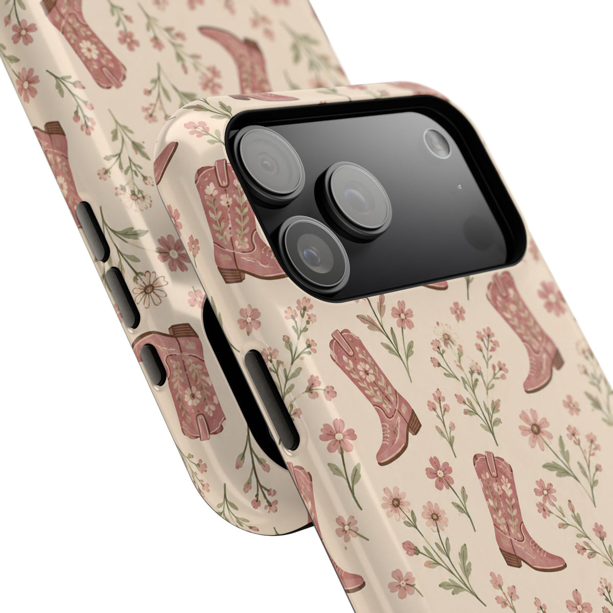 Floral Boots MagSafe Phone Case, glossy wide-camera Pro model, camera and side-button close-up