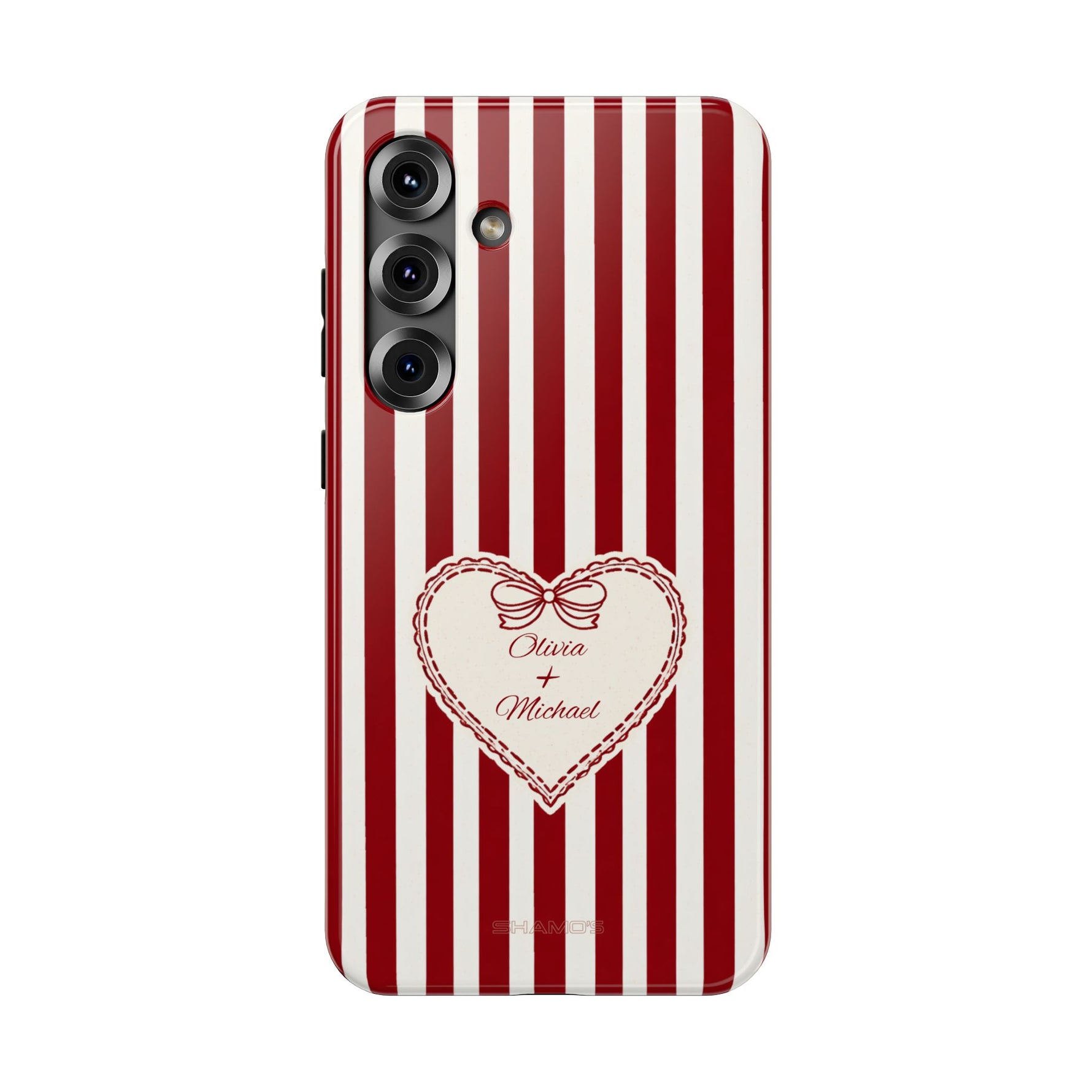 Funda personalizada a rayas — Diseño de corazón rojo y blanco (nombres personalizados)