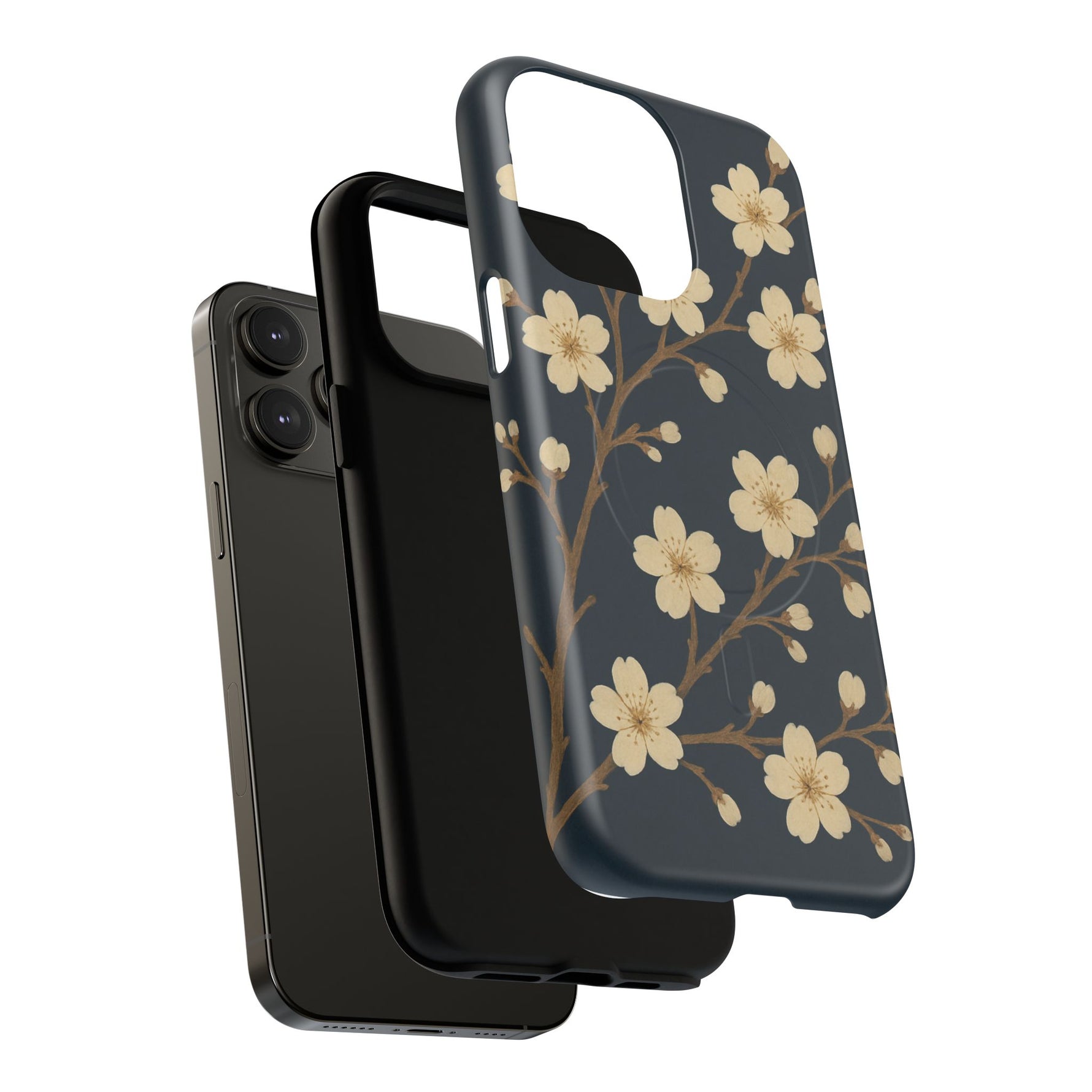 Navy Cherry Blossom Floral iPhone Case - Compatible with MagSafe - Shamo's