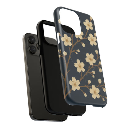 Navy Cherry Blossom Floral iPhone Case - Compatible with MagSafe