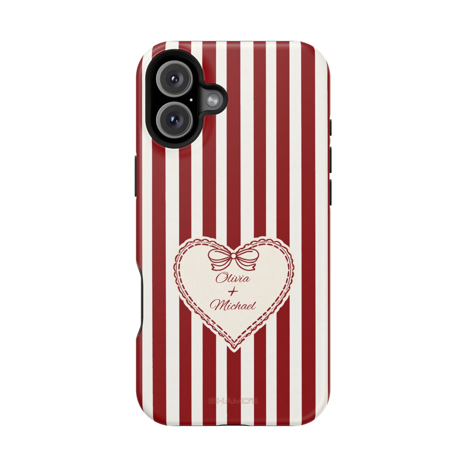 Funda personalizada a rayas — Diseño de corazón rojo y blanco (nombres personalizados)