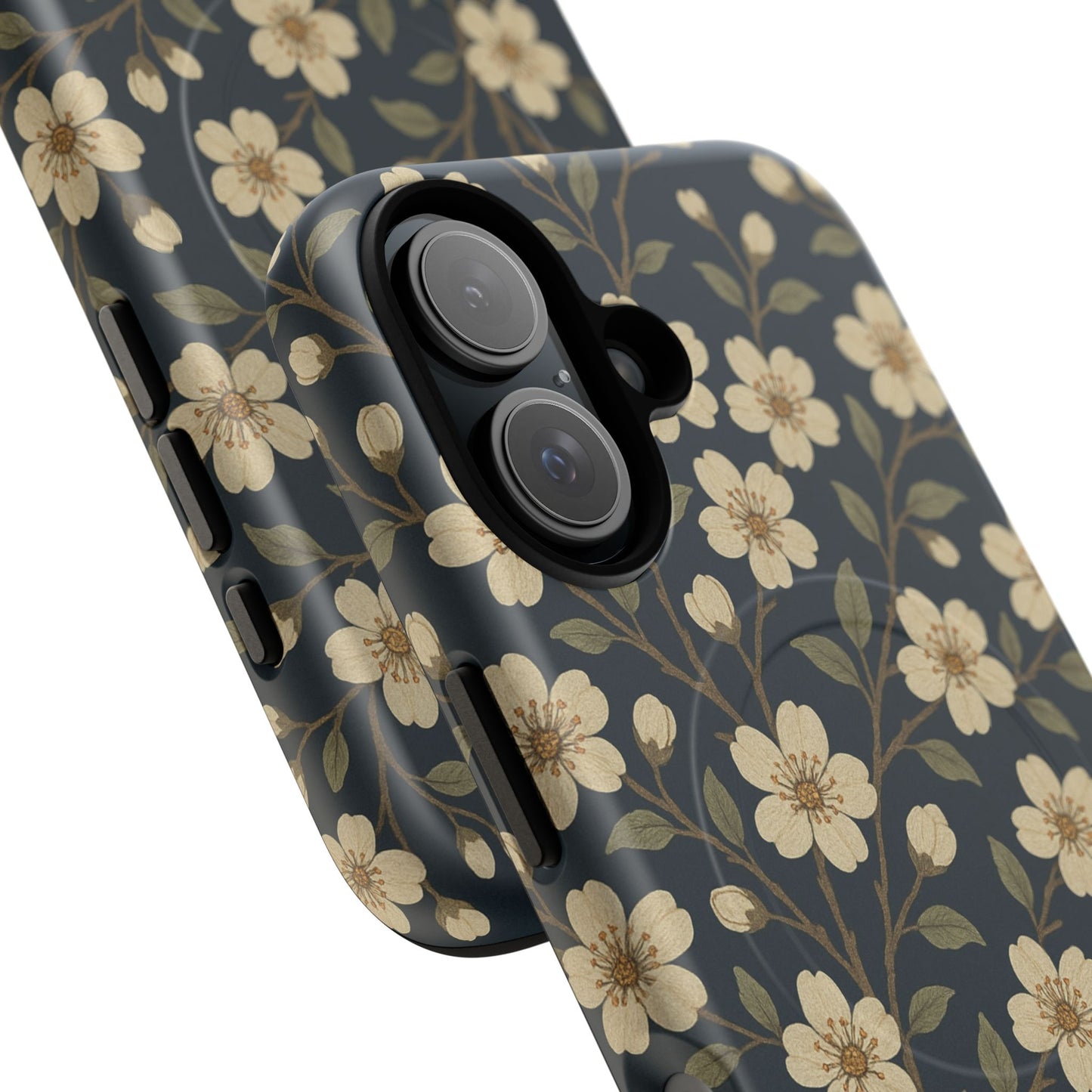Navy Cherry Blossom Floral iPhone Case - Compatible with MagSafe