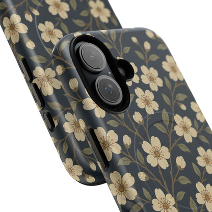 Navy Cherry Blossom Floral iPhone Case - Compatible with MagSafe
