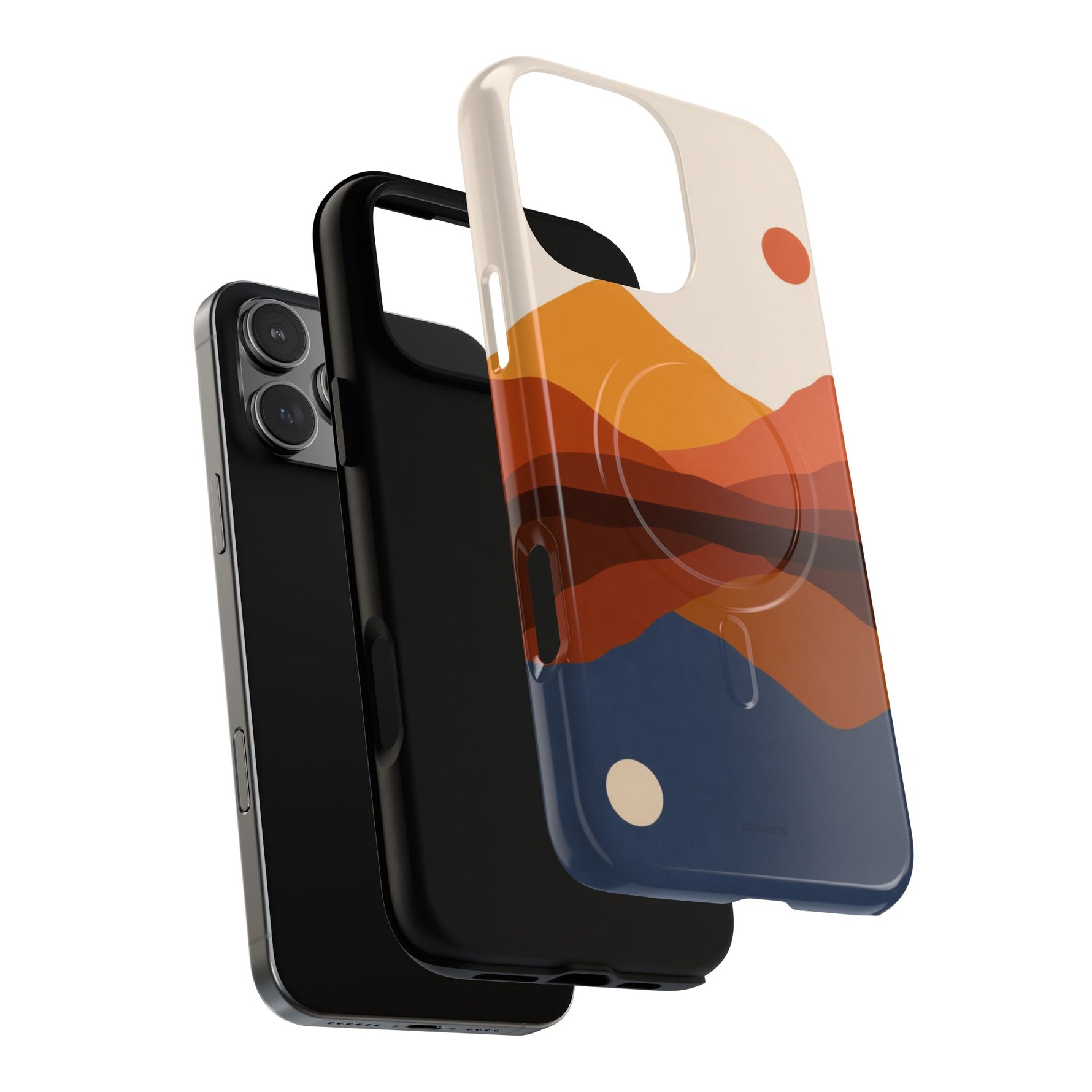 iPhone with two cases, including a colorful abstract mountain design showing variant size