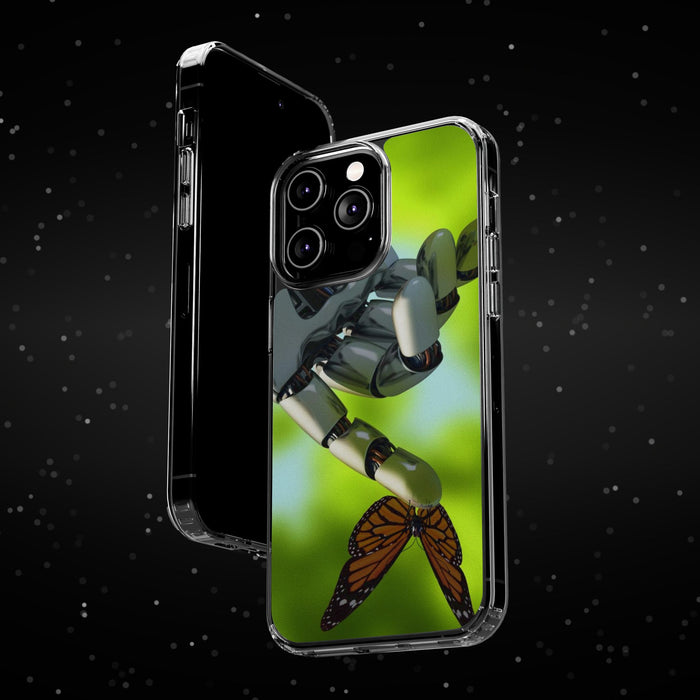 Clear Cases for iPhone 14 Series with Robotic hand and Butterfly.