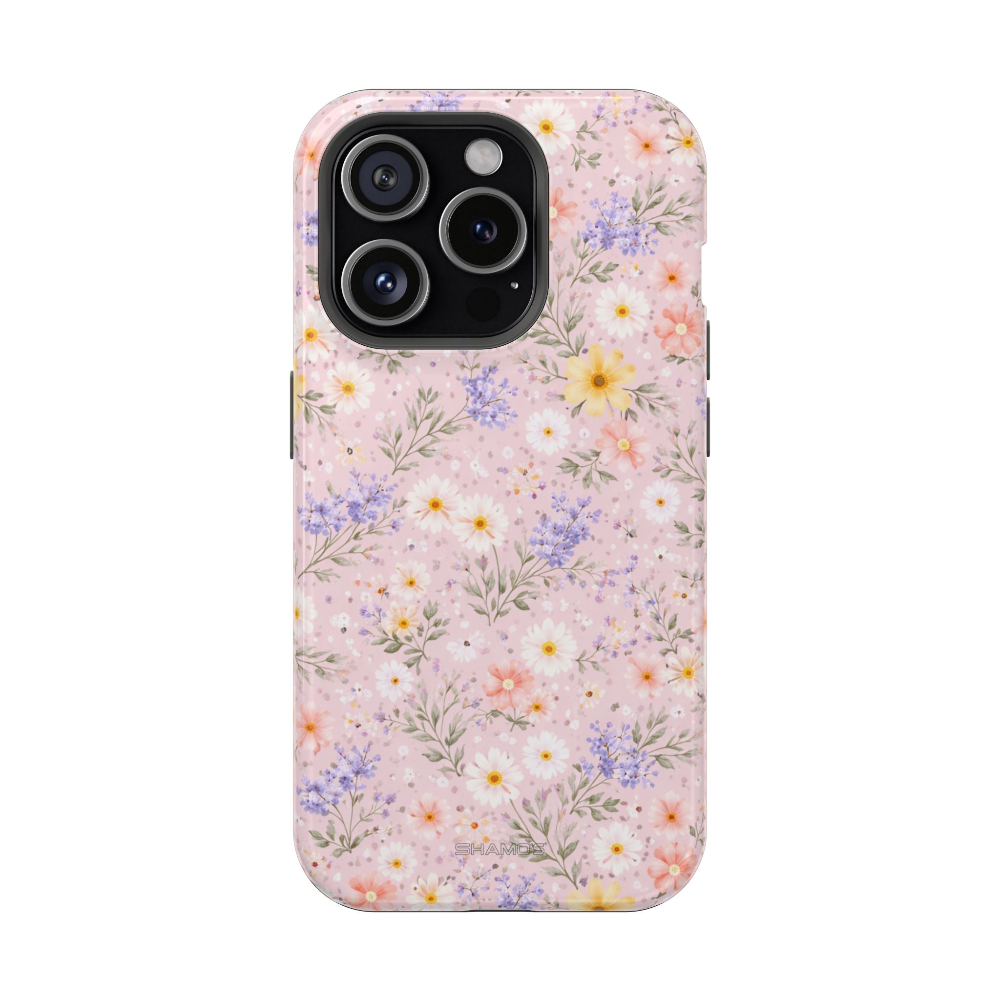 Phone case with a dense pastel pink, lavender, white, and yellow wildflower pattern