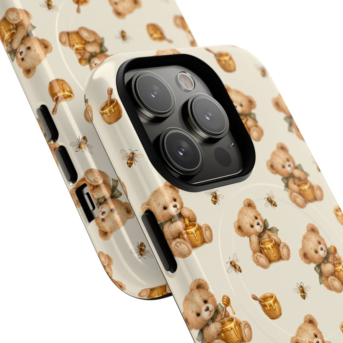 Honingknuffelbeer iPhone-hoesje — ontwerp met gele bij en honingpot met MagSafe