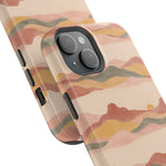 Sunset Trails – Desert Landscape MagSafe Phone Case, glossy diagonal dual-camera model, camera and side-button close-up