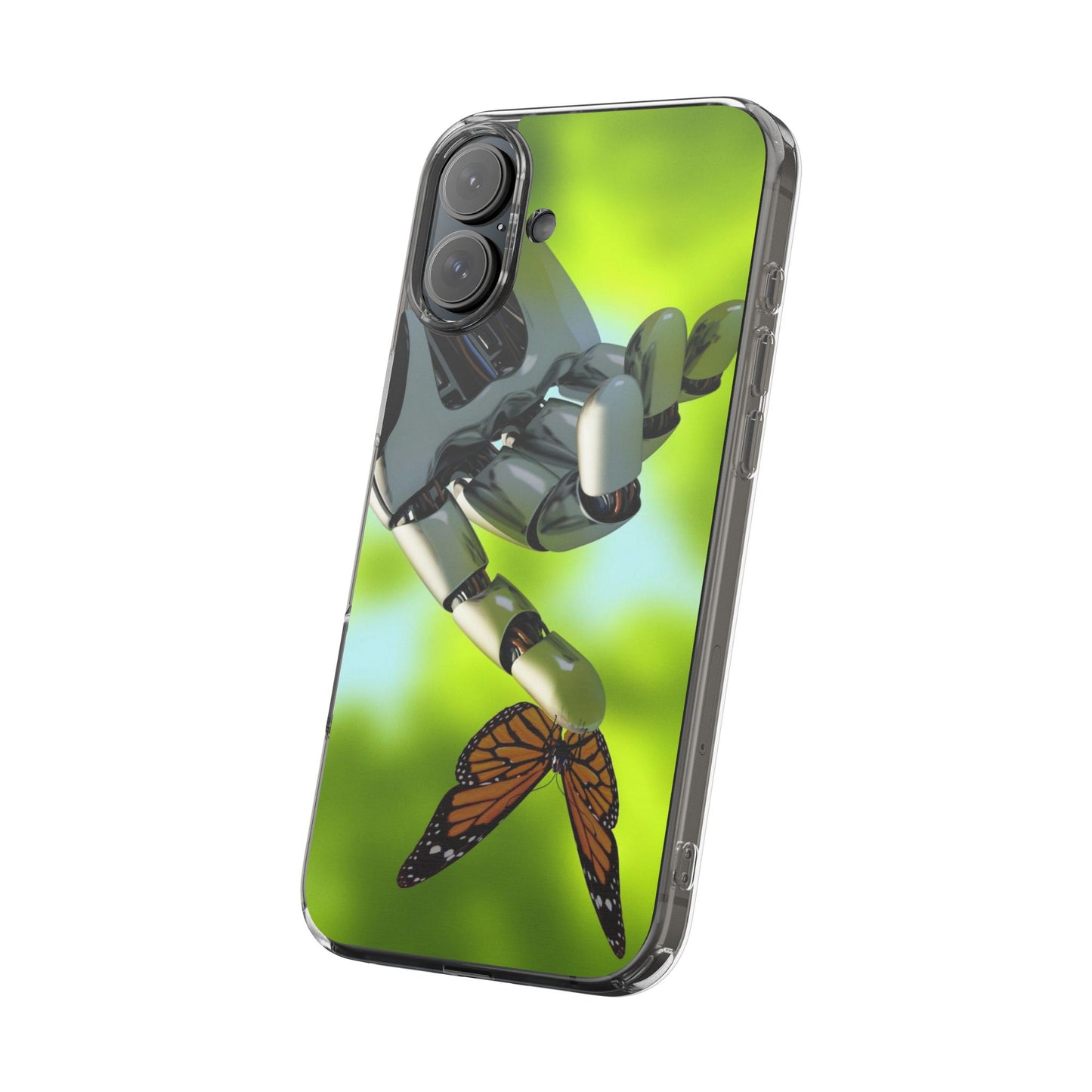 Clear Cases for iPhone 14 Series with Robotic hand and Butterfly.