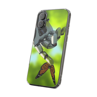 Clear Cases for iPhone 14 Series with Robotic hand and Butterfly.
