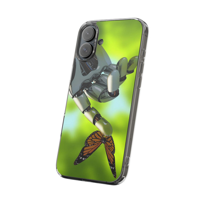 Clear Cases for iPhone 14 Series with Robotic hand and Butterfly.