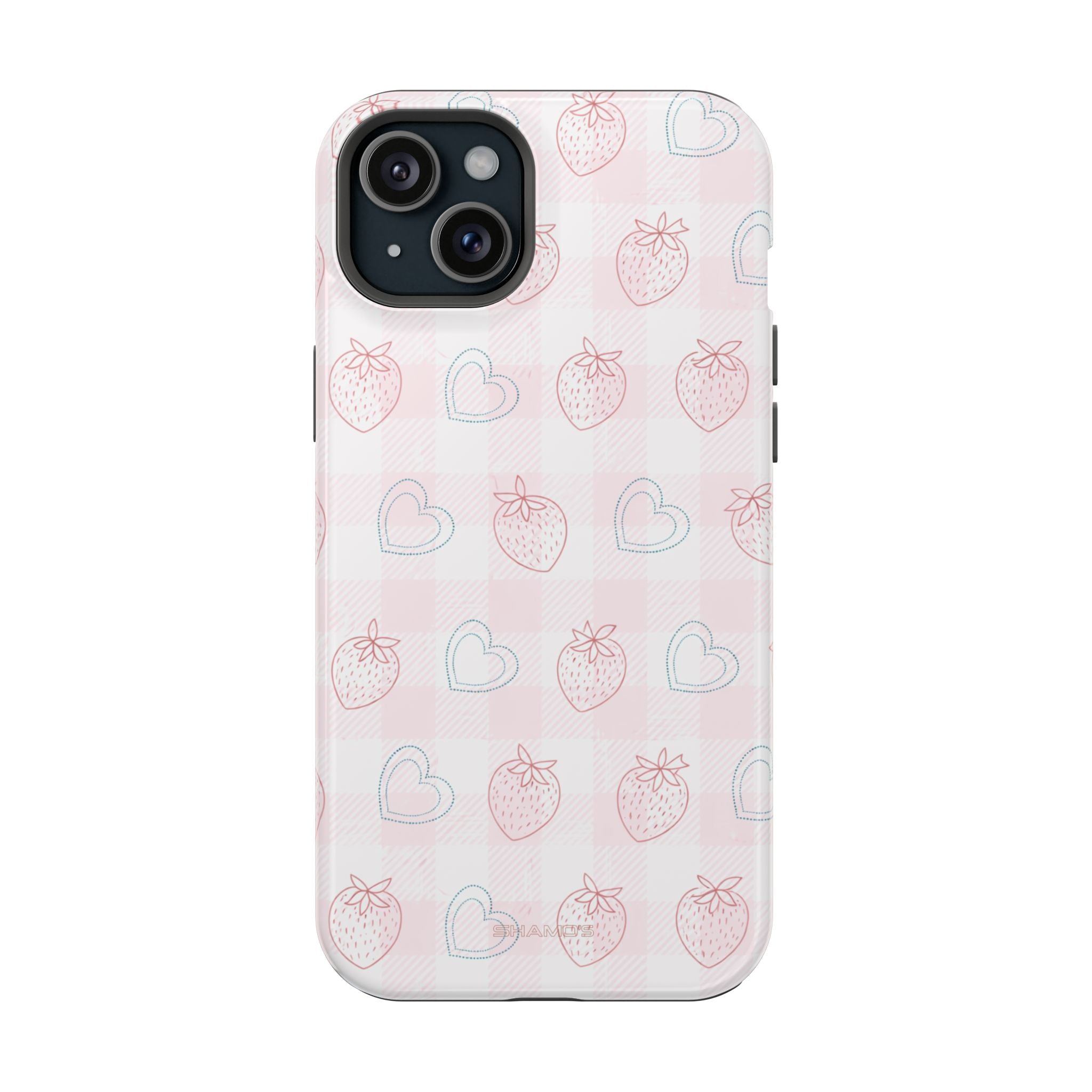 Strawberry Hearts MagSafe Compatible Phone Case | 'Paint it your way' Pink Plaid Impact-Resistant - iPhone 15 Plus / Glossy - Shamo's