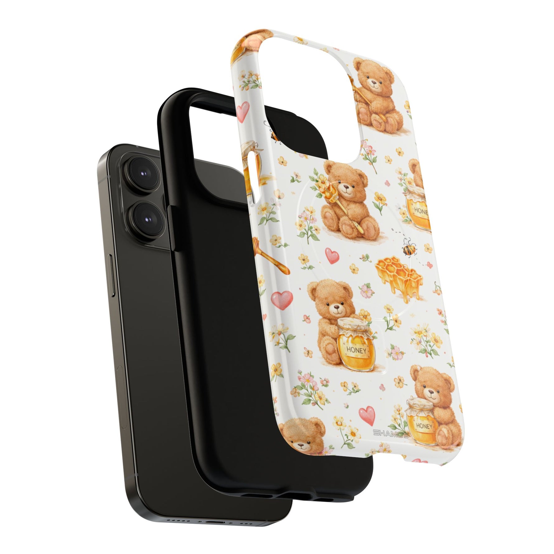 Honey Teddy Bear iPhone Case — Yellow Bee & Honey Pot Design with MagSafe