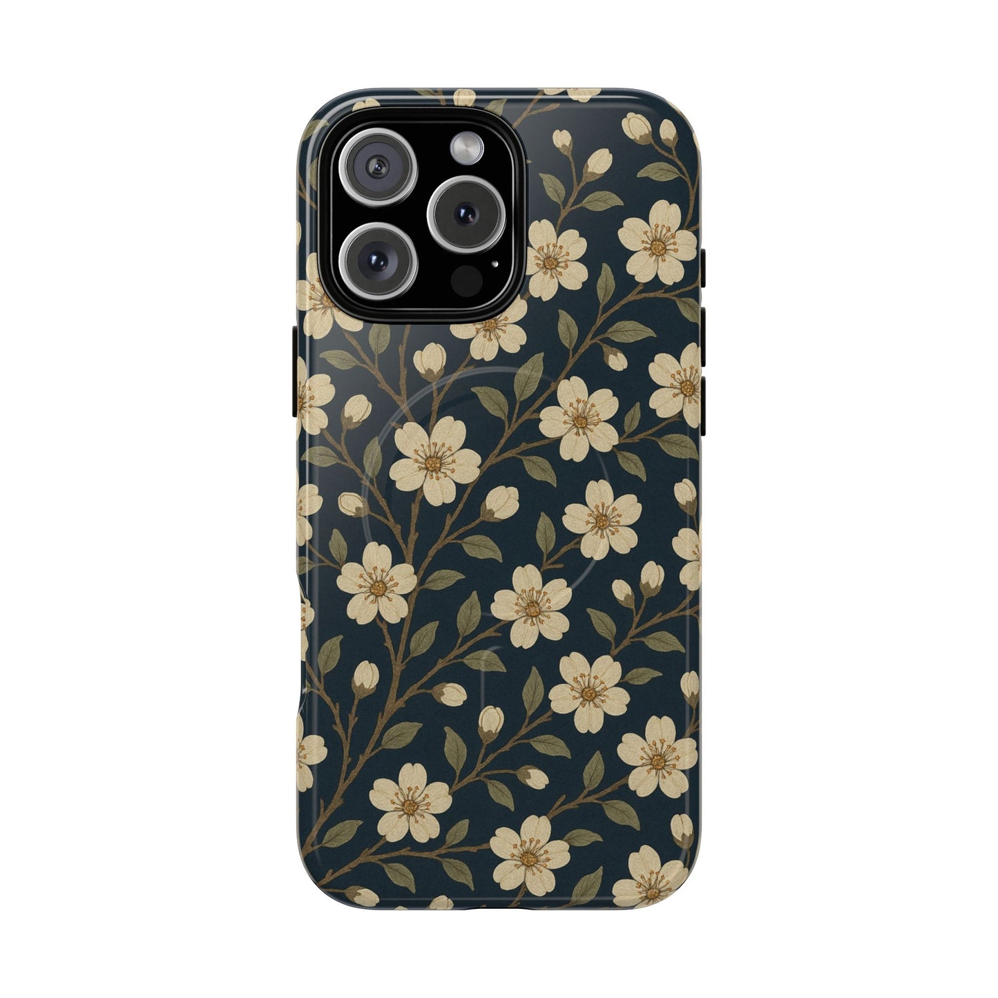 Navy Cherry Blossom Floral iPhone Case - Compatible with MagSafe
