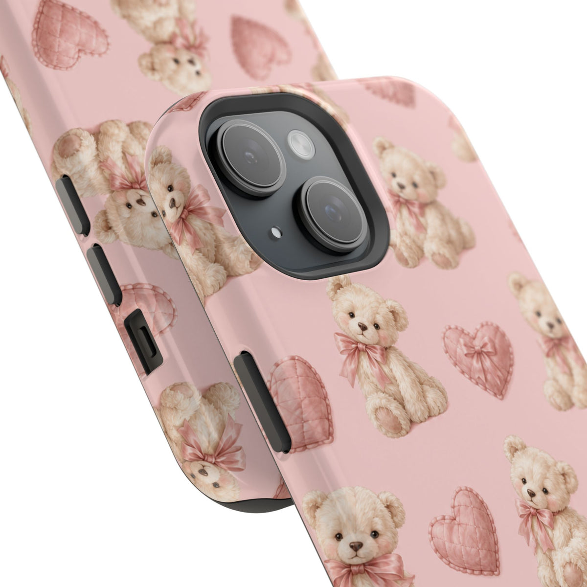Pink Teddy Hearts Love iPhone Case, Impact-Resistant MagSafe Compatible