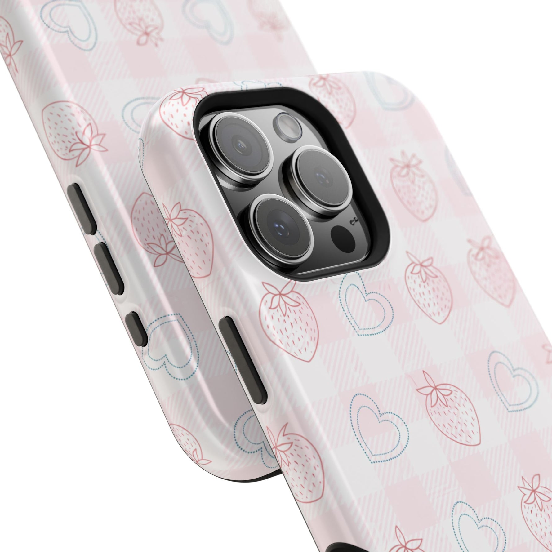 Strawberry Hearts MagSafe Compatible Phone Case | 'Paint it your way' Pink Plaid Impact-Resistant