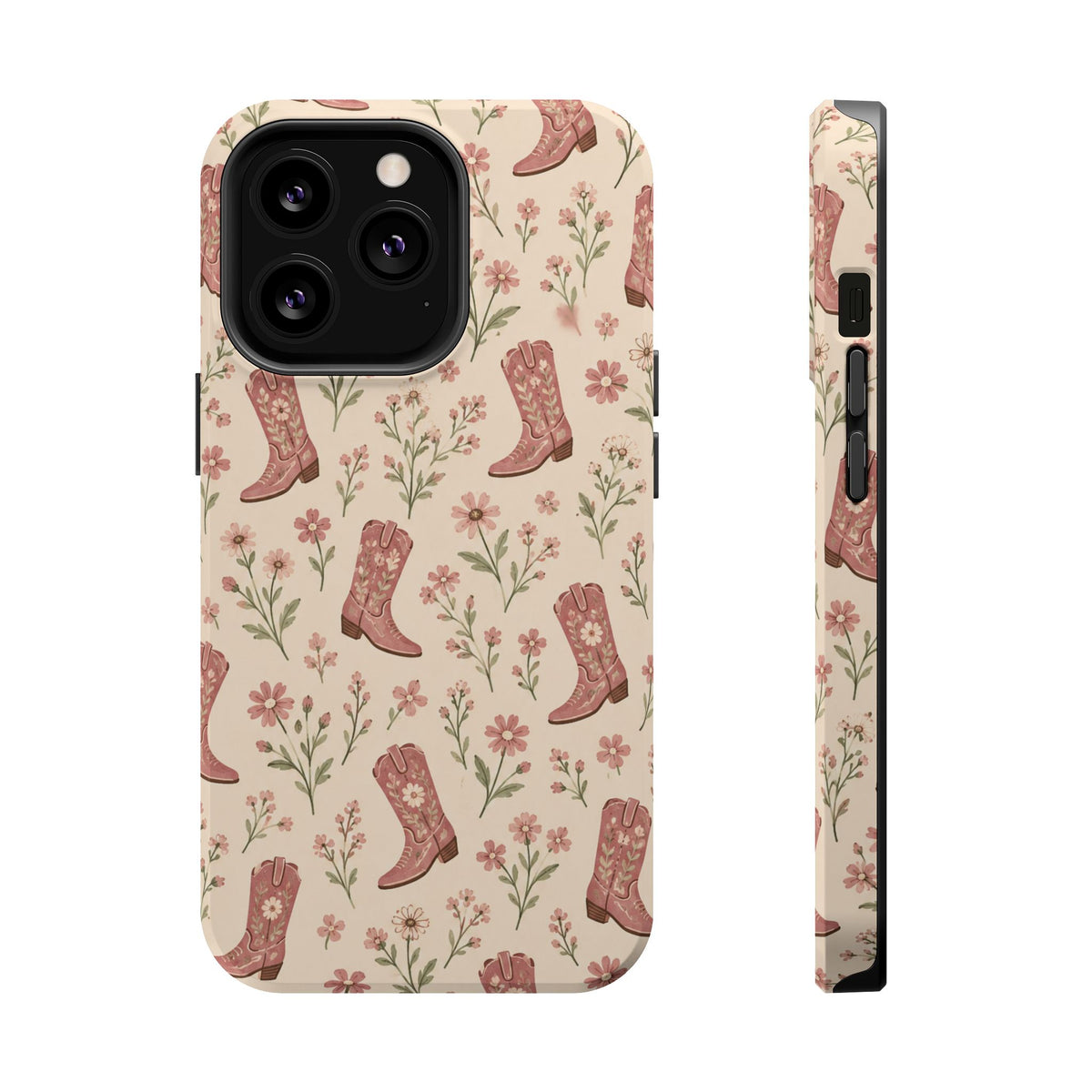 Floral Boots MagSafe Phone Case, glossy iPhone 13 Pro, rear and side profile
