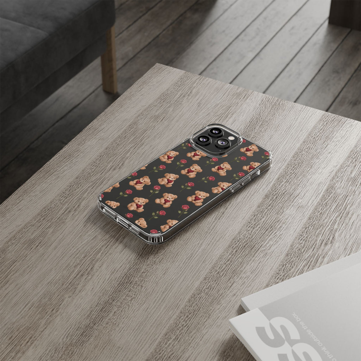 Romantic Teddy Bear Impact-Resistant Phone Case with Heart Design