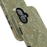 Golden Meadow – Sage Green Wildflower MagSafe Phone Case, glossy vertical dual-camera model, camera and side-button close-up