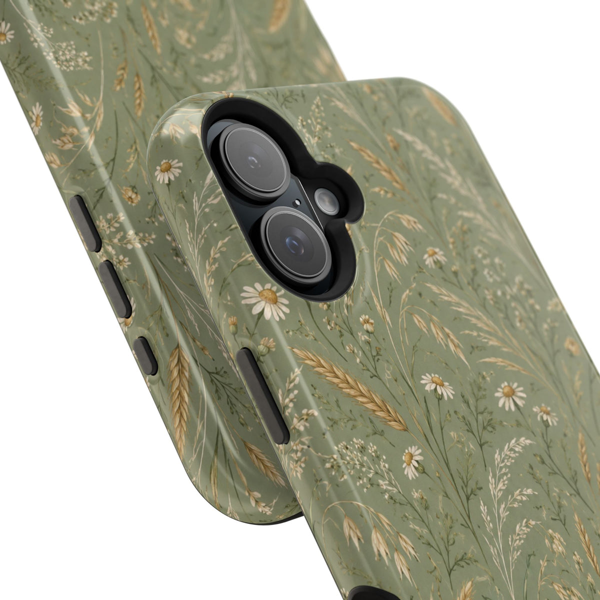 Golden Meadow – Sage Green Wildflower MagSafe Phone Case, glossy vertical dual-camera model, camera and side-button close-up