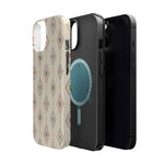 Desert Diamonds – Pastel Geometric Pattern MagSafe Phone Case, glossy diagonal dual-camera model, exploded shell and liner with magnetic ring