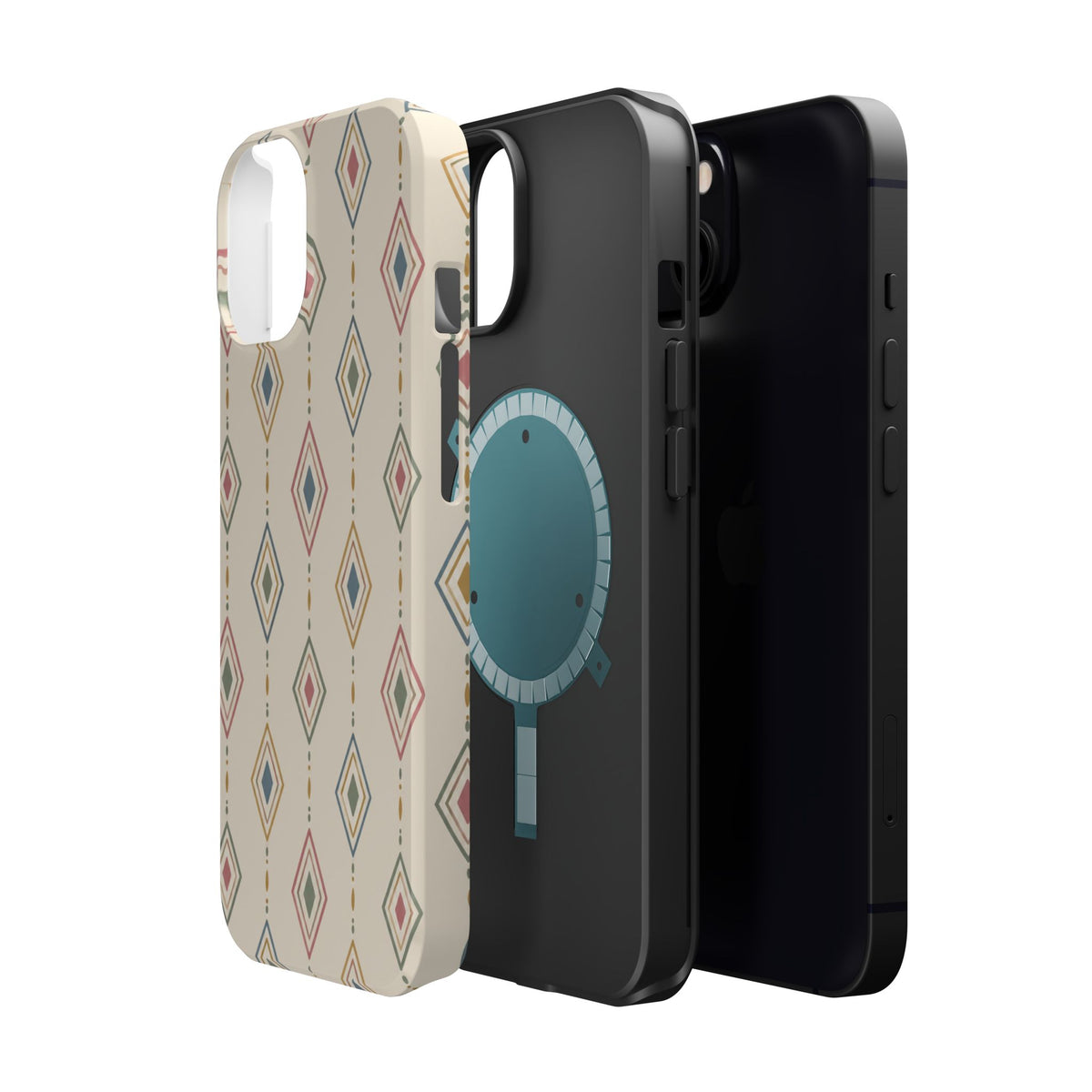 Desert Diamonds – Pastel Geometric Pattern MagSafe Phone Case, glossy diagonal dual-camera model, exploded shell and liner with magnetic ring