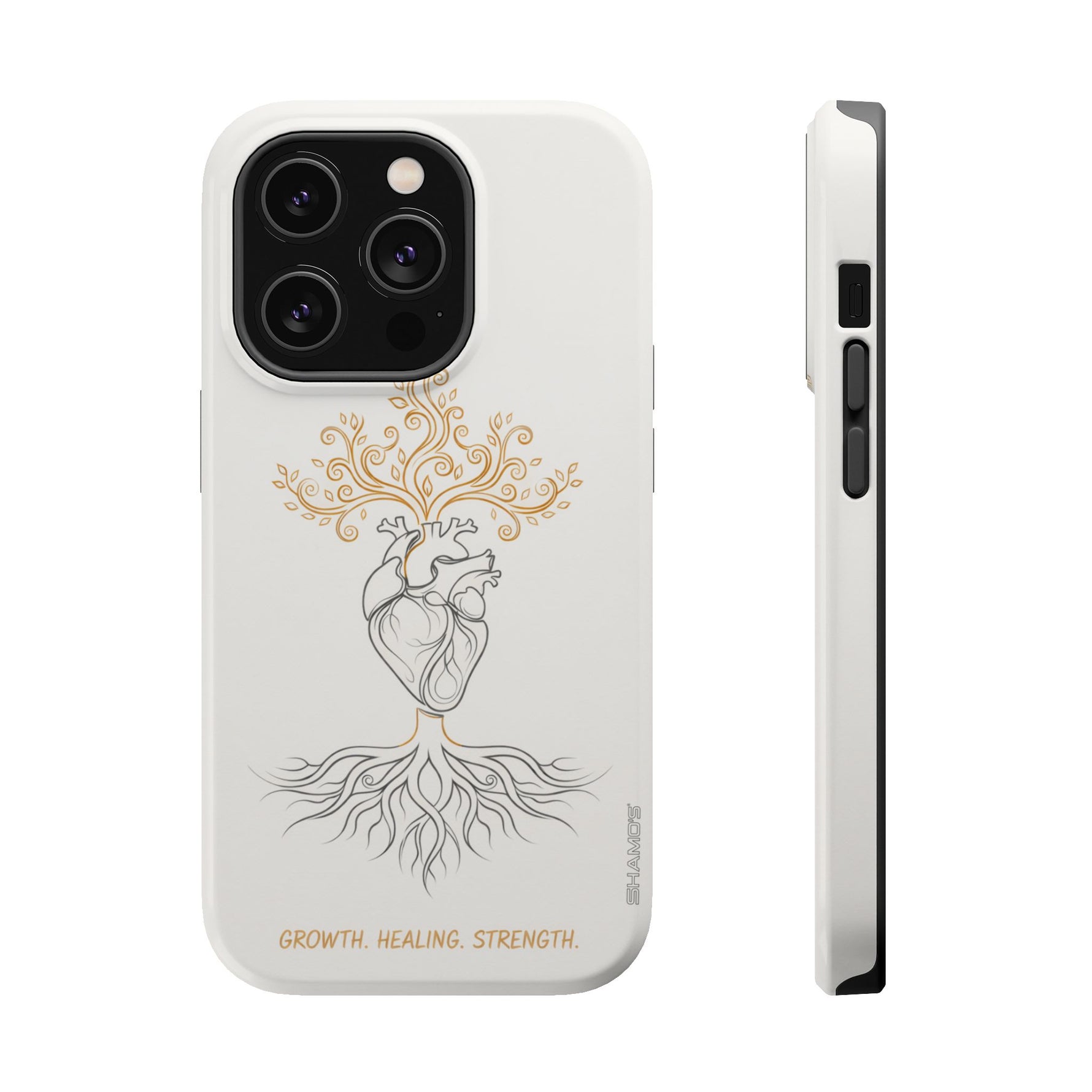 Minimalist Impact-Resistant iPhone Case, Heart Root Illustration ("Growth. Healing. Strength.") MagSafe Compatible - iPhone 14 Pro / Glossy - Shamo's