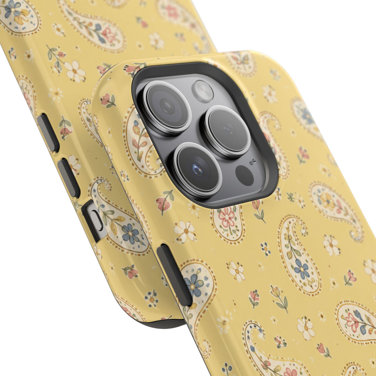 Honey Paisley MagSafe Phone Case, glossy square triple-camera Pro model, camera and side-button close-up