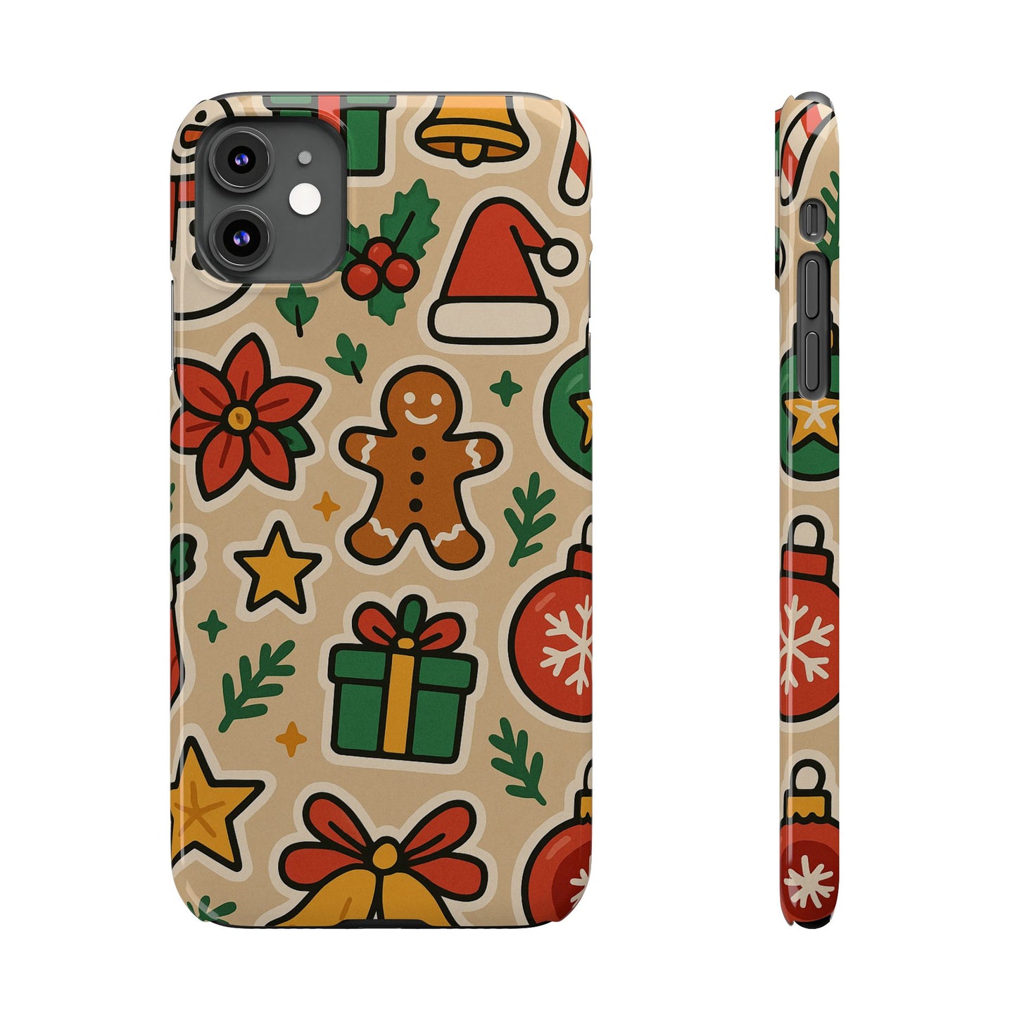 Holiday Pattern Slim iPhone Case — Gingerbread, Santa Hat & Gifts Holiday Design