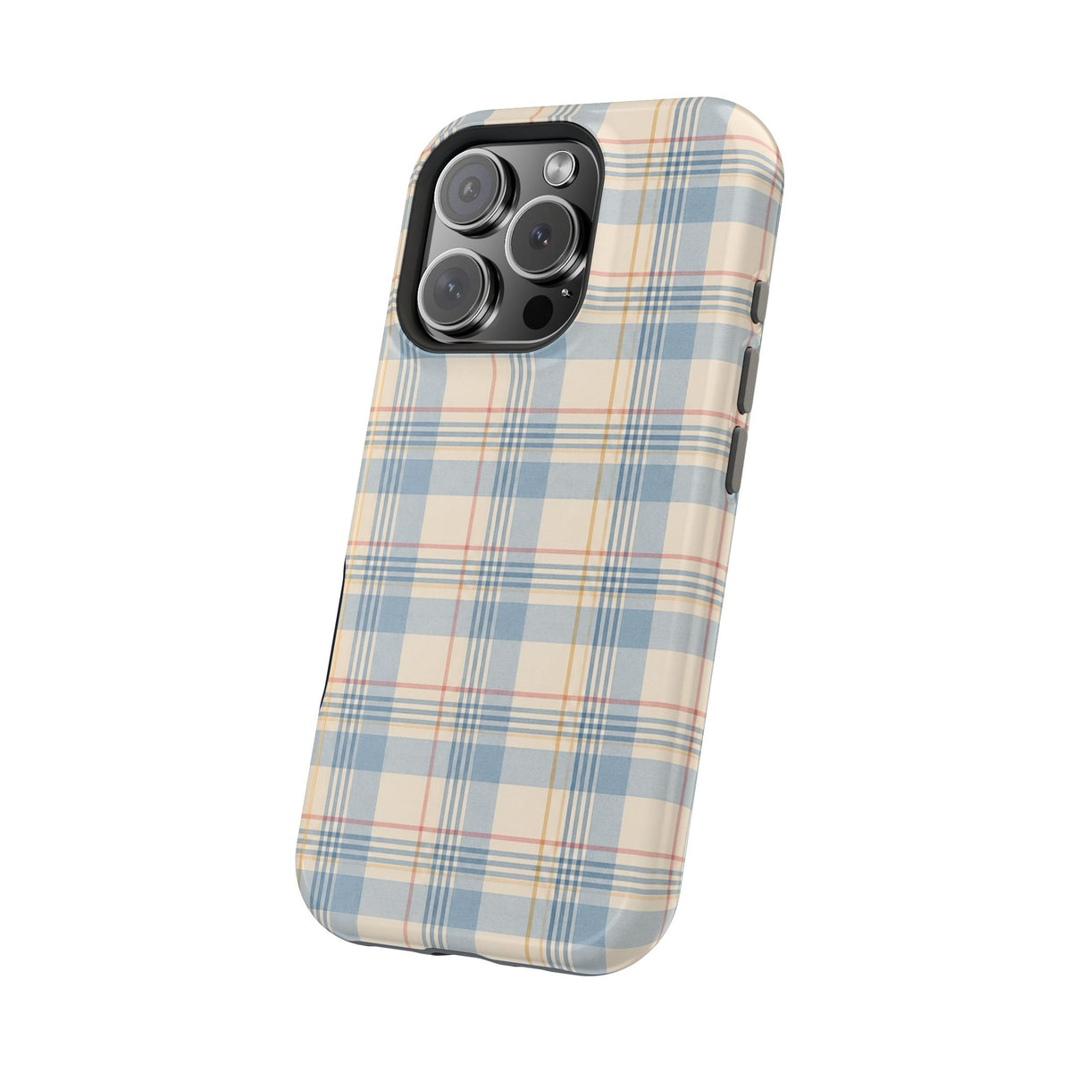 Ranch Check – Blue and Cream Plaid MagSafe Phone Case, glossy square triple-camera Pro model, angled rear view