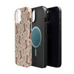 Floral Boots MagSafe Phone Case, glossy diagonal dual-camera model, exploded shell and liner with magnetic ring