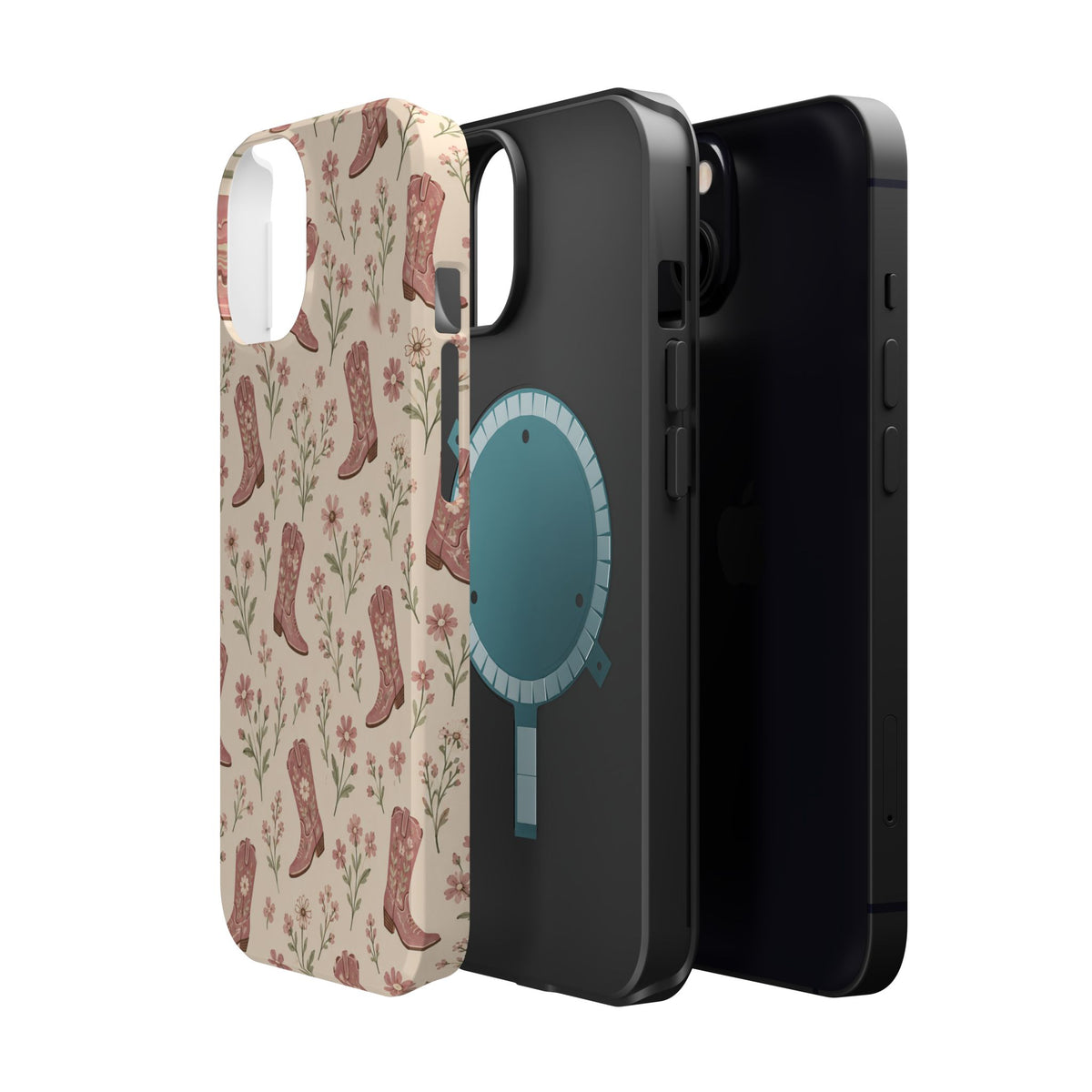 Floral Boots MagSafe Phone Case, glossy diagonal dual-camera model, exploded shell and liner with magnetic ring