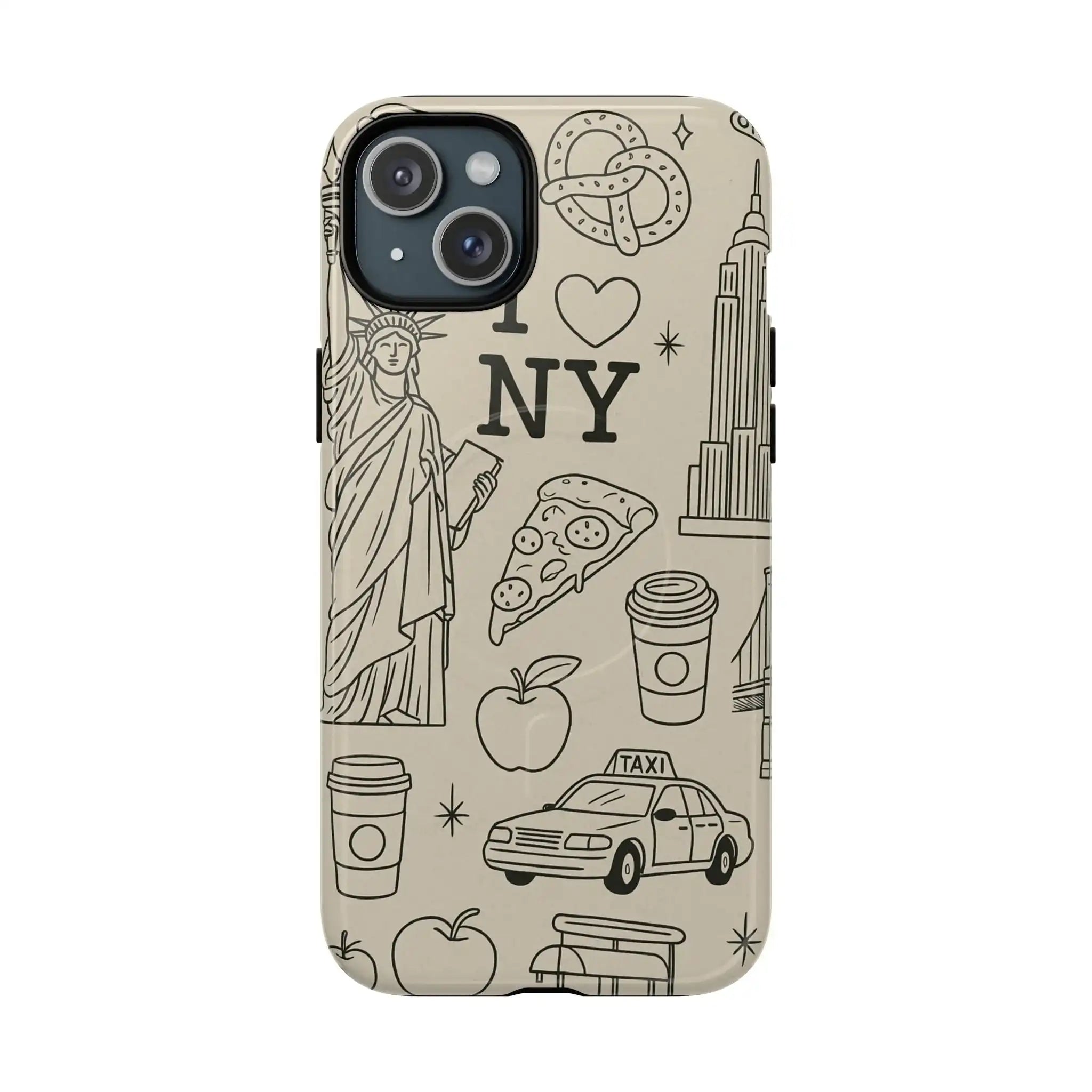 NY City Icons Tough iPhone Case — Statue of Liberty, Pizza & Taxi Pattern | Compatible with MagSafe  Shamo's iPhone 15 Plus / Glossy