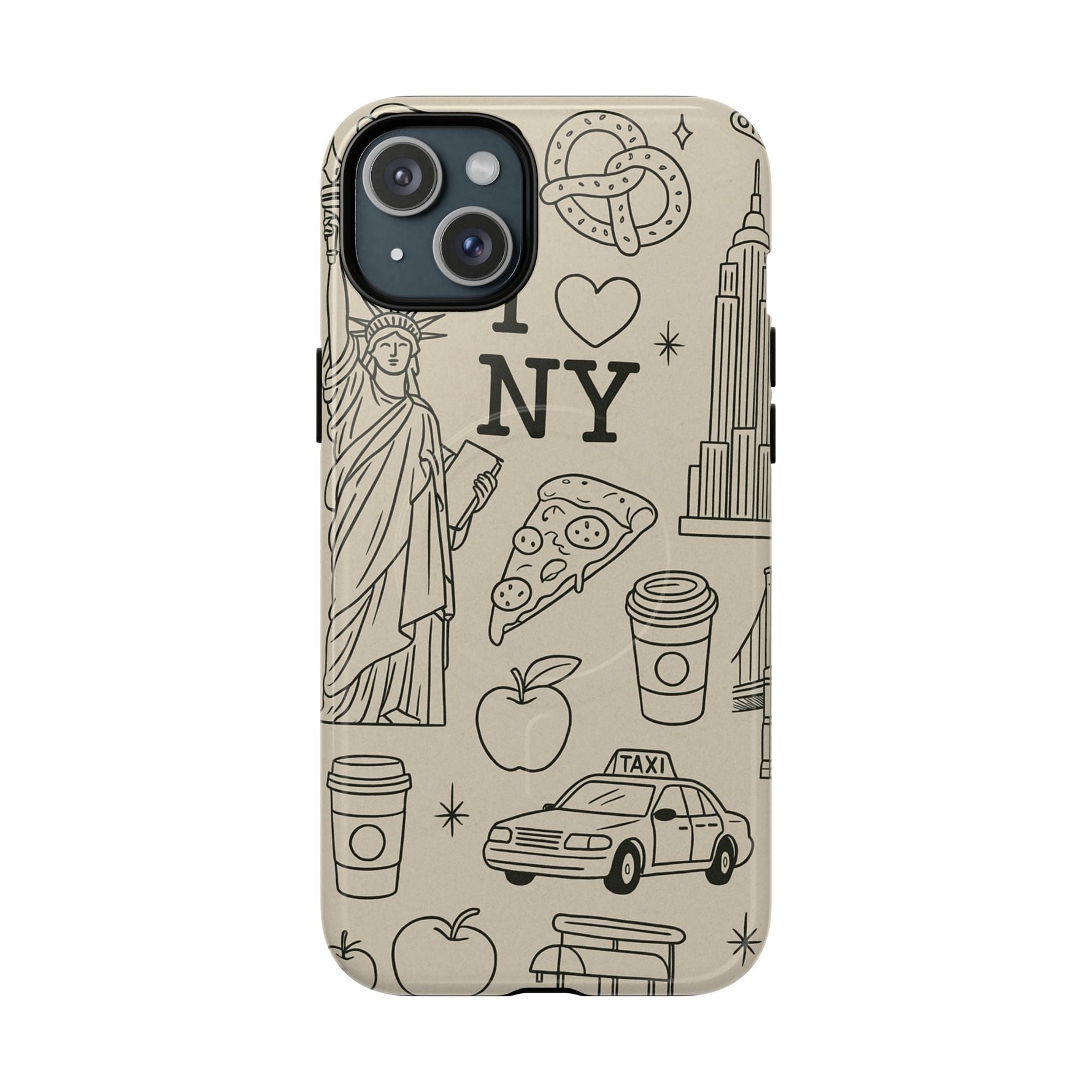 NY City Icons Tough iPhone Case — Statue of Liberty, Pizza & Taxi Pattern | Compatible with MagSafe  Shamo's iPhone 15 Plus / Glossy