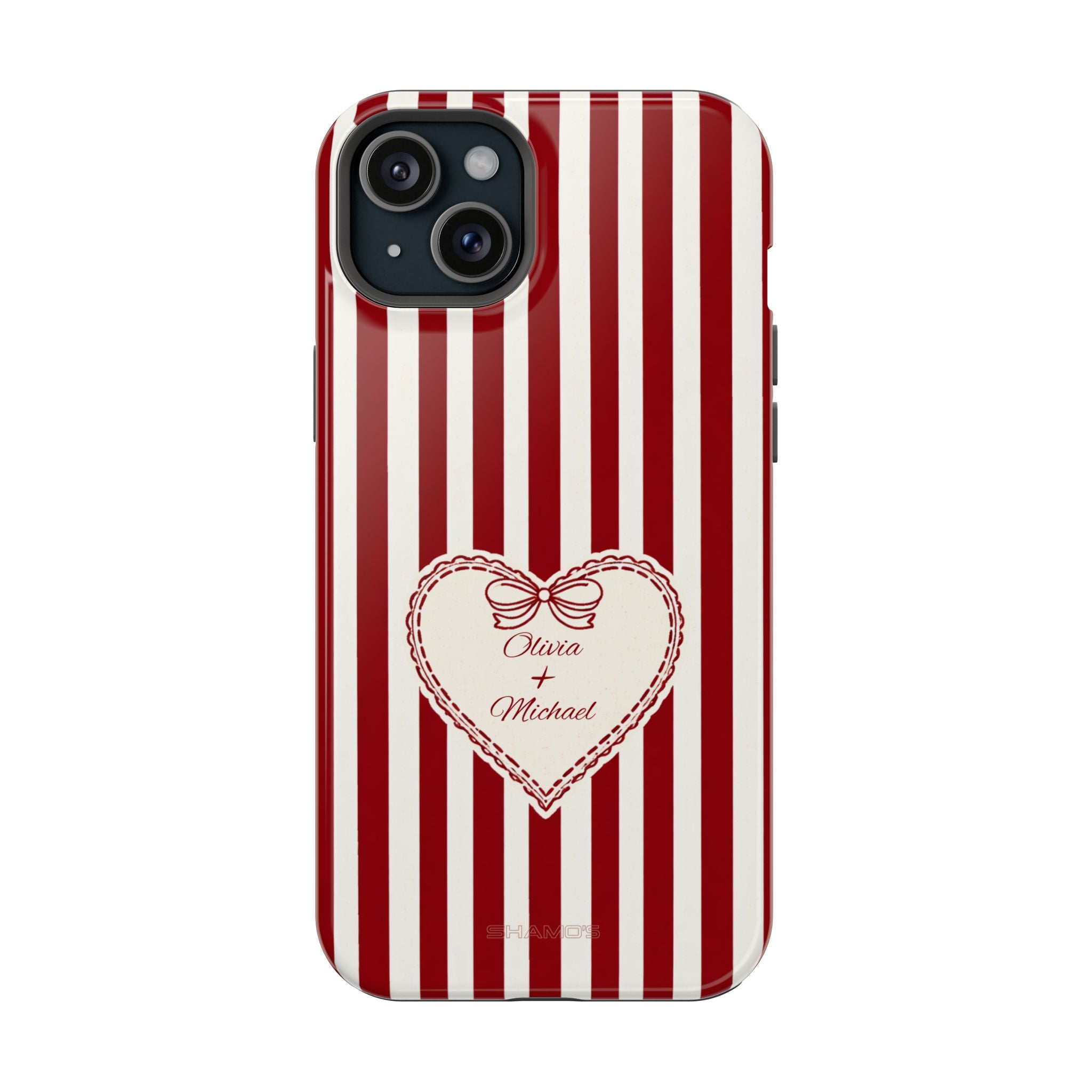 Phone case with red and white vertical stripes and a cream heart with a bow and names