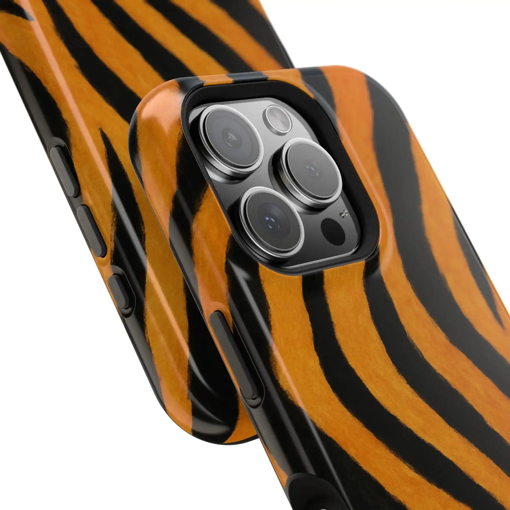 Two tiger stripe patterned phone cases showing camera cutout variant sizes for smartphones