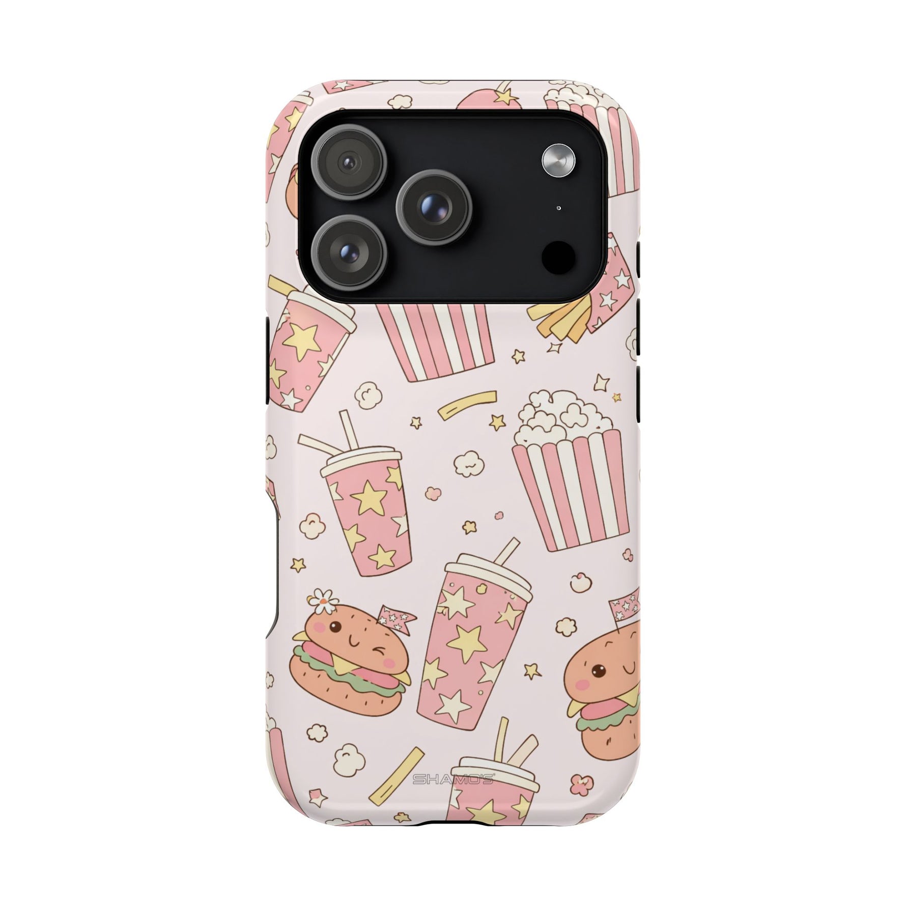 Kawaii Snack Pattern Magnetic Phone Case, Cute Popcorn, Burger & Soda Design with MagSafe Compatibility
