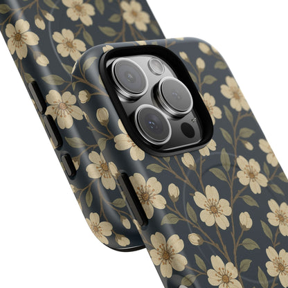 Navy Cherry Blossom Floral iPhone Case - Compatible with MagSafe