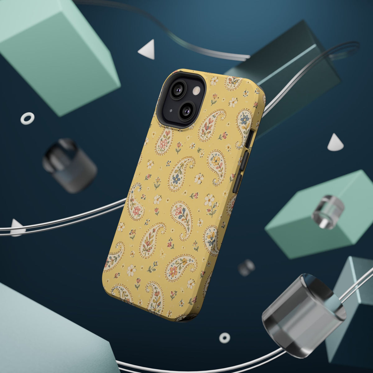 Honey Paisley MagSafe Phone Case, glossy diagonal dual-camera model, rear view with magnetic accessories