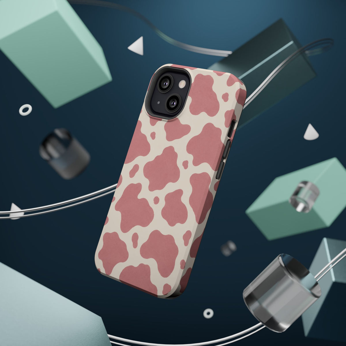 Rose Cowprint – Pink Cow Print MagSafe Phone Case, glossy diagonal dual-camera model, rear view with magnetic accessories