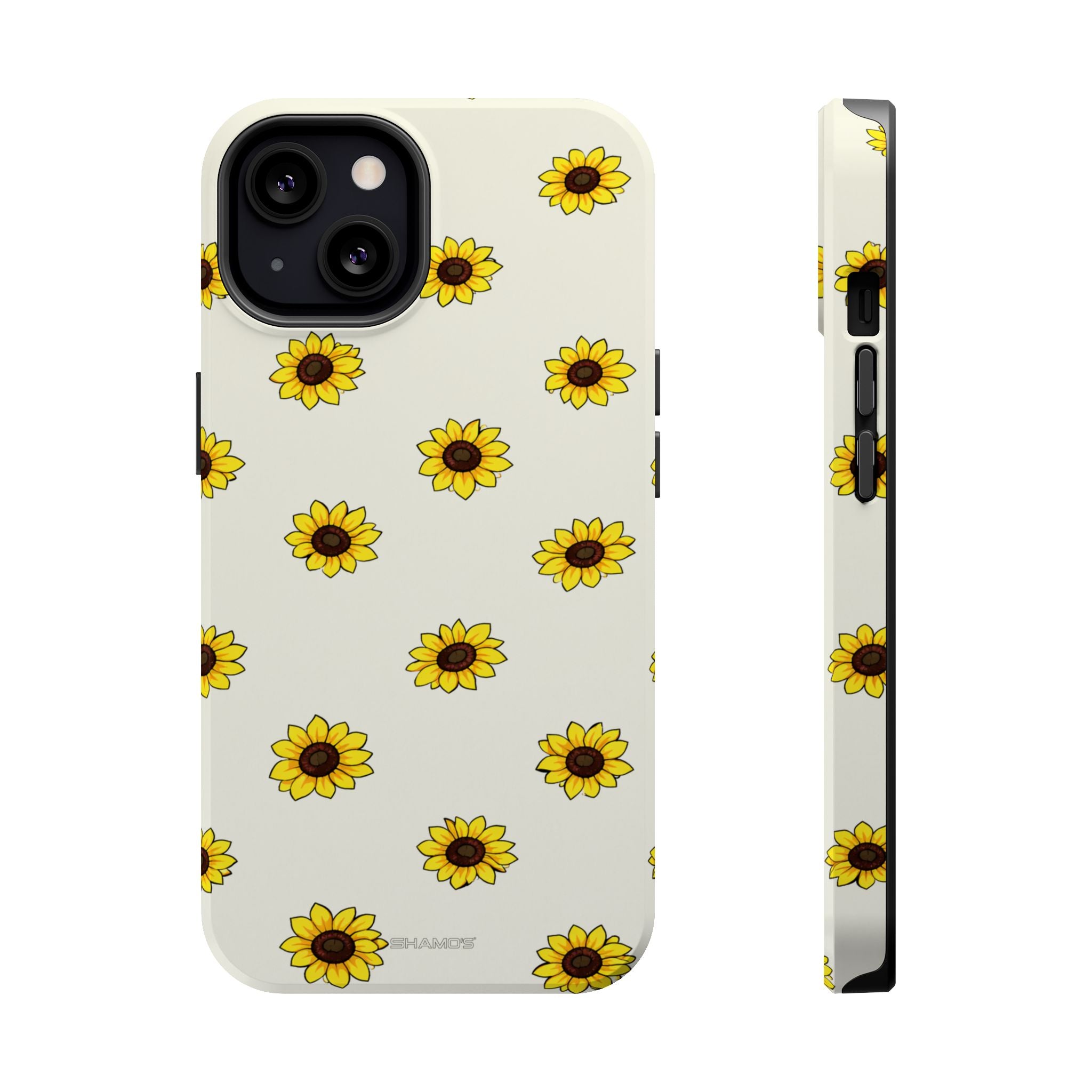 Sunflower pattern iPhone case by Shamo's, cream background, minimalist design, variant size shown