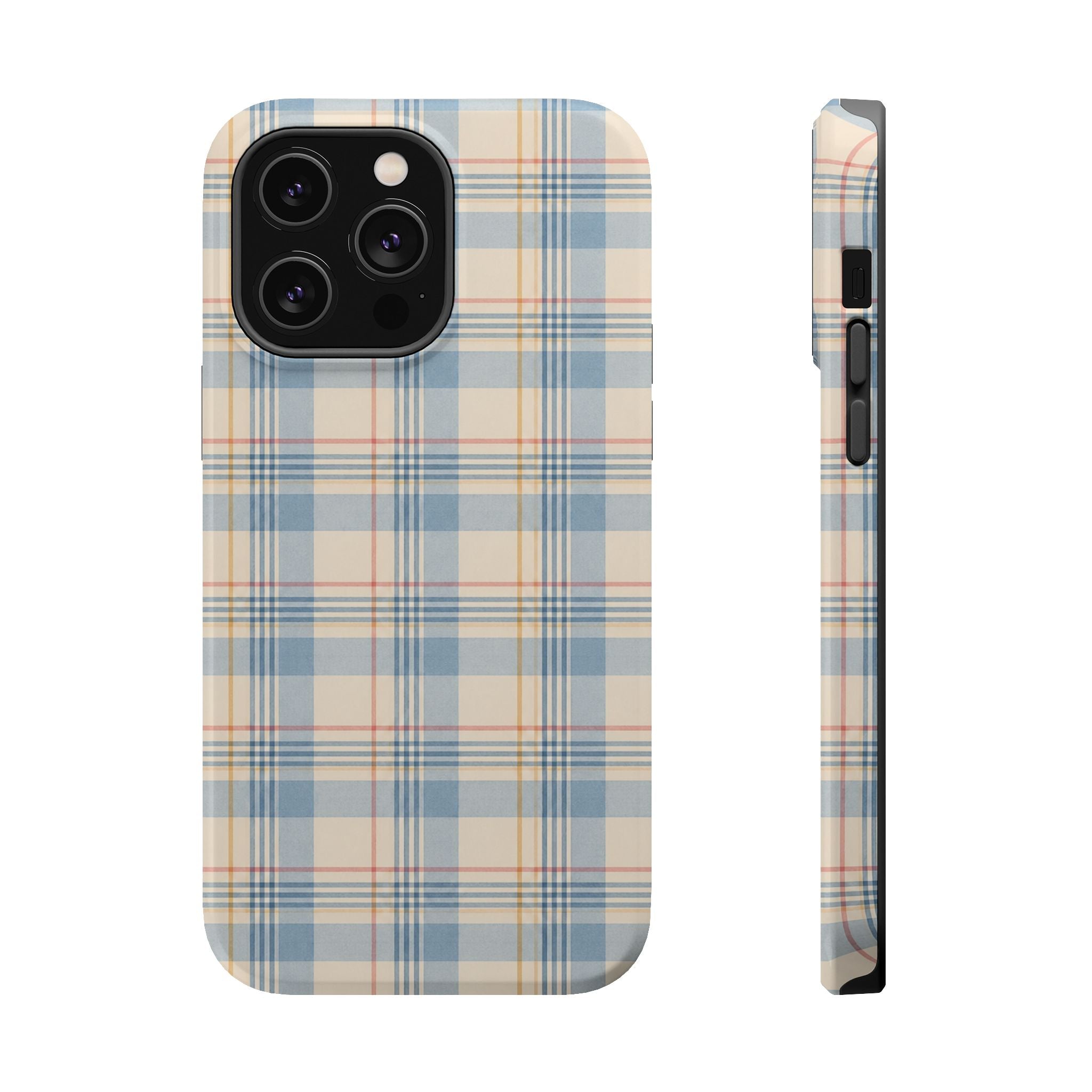 Ranch Check – Blue and Cream Plaid MagSafe Phone Case, glossy iPhone 14 Pro Max, rear and side profile
