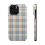 Ranch Check – Blue and Cream Plaid MagSafe Phone Case, glossy iPhone 14 Pro Max, rear and side profile
