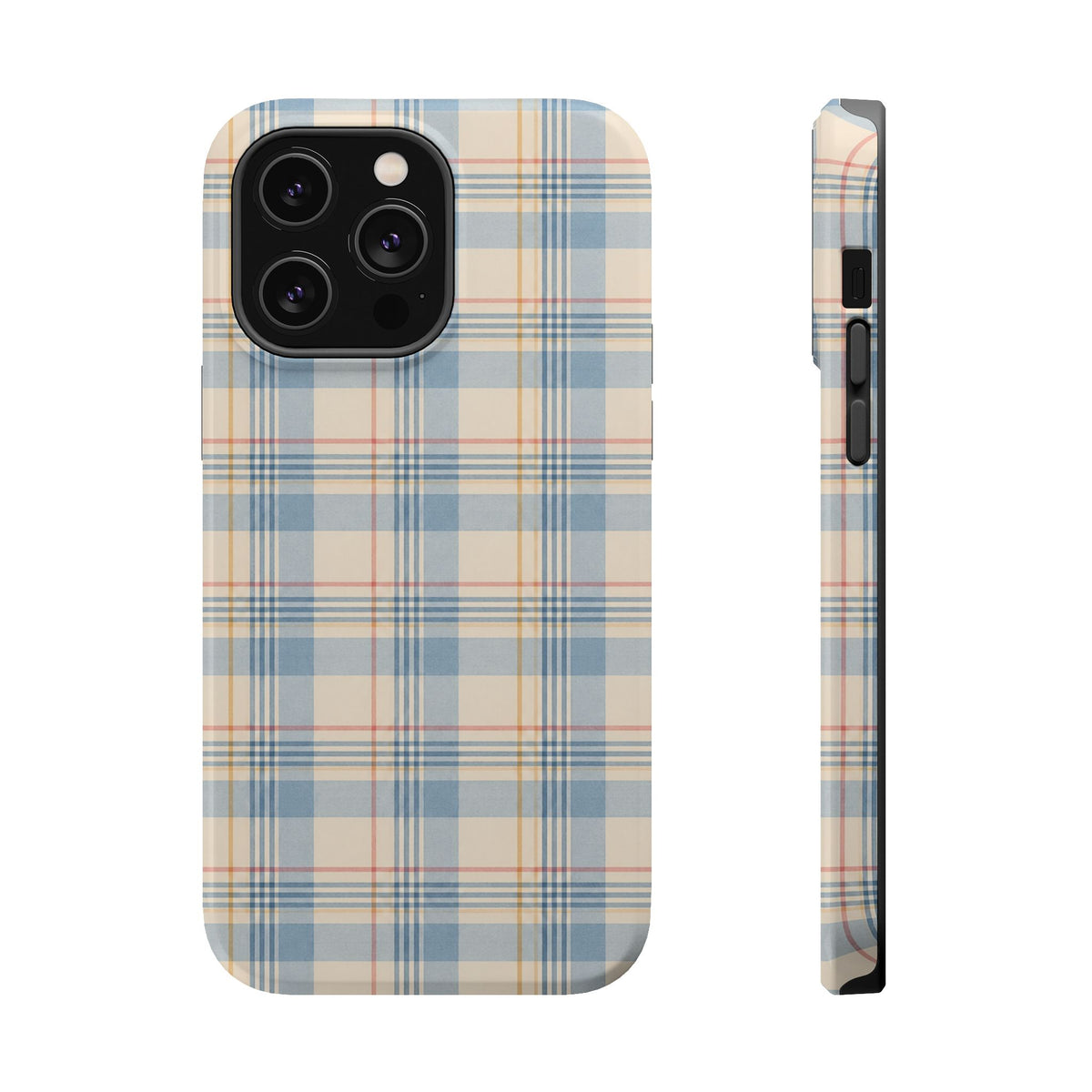 Ranch Check – Blue and Cream Plaid MagSafe Phone Case, glossy iPhone 14 Pro Max, rear and side profile
