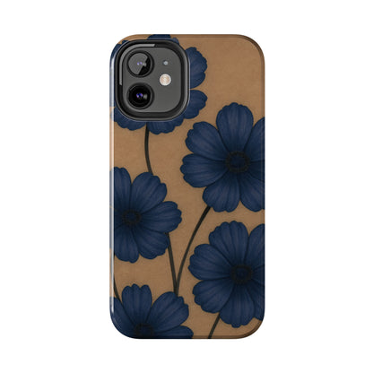Navy Floral Tough iPhone Case — Durable Protective Case with Blue Flowers on Kraft Background