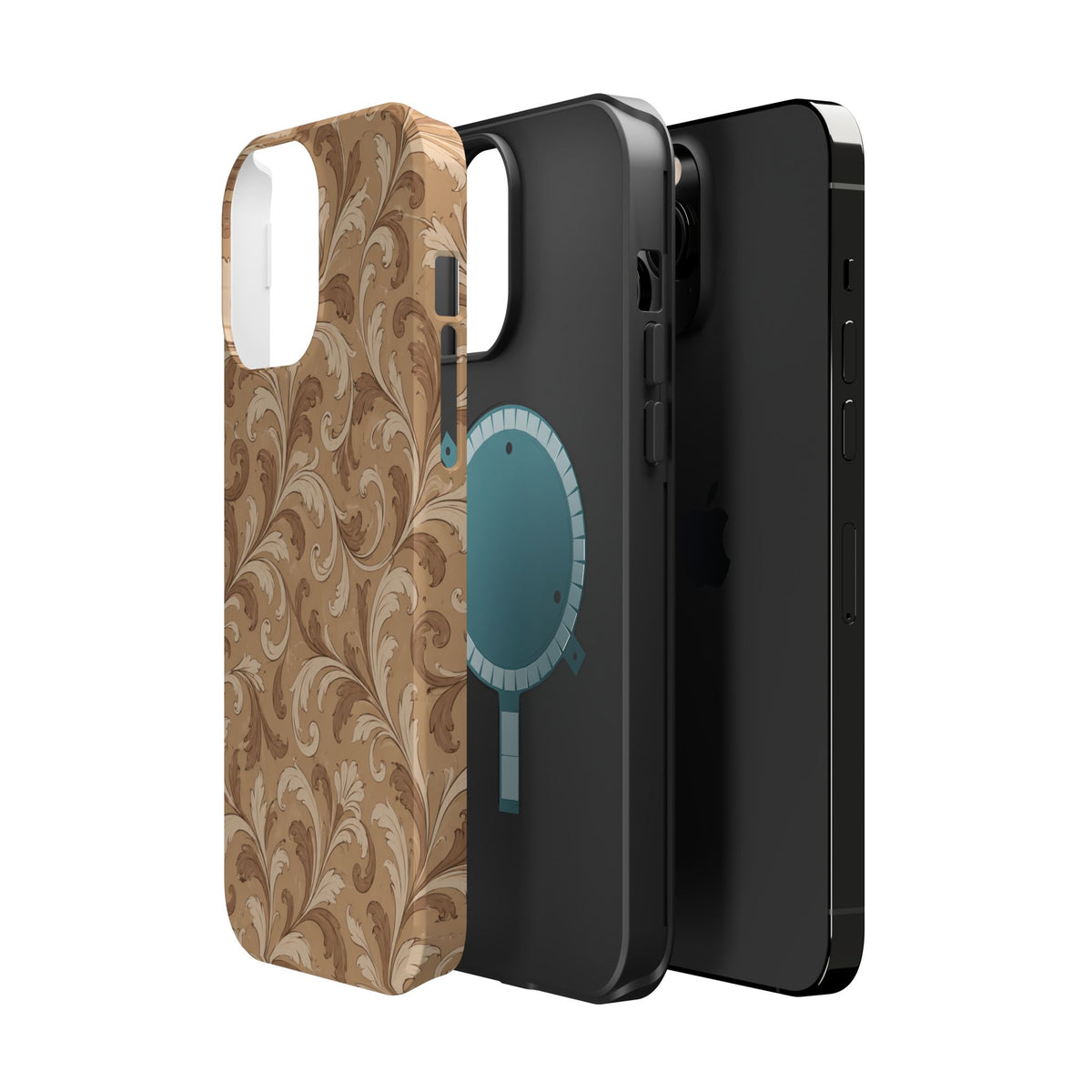 Saddle Scrolls – Tan Western Scrollwork MagSafe Phone Case, glossy square triple-camera Pro model, exploded shell and liner with magnetic ring