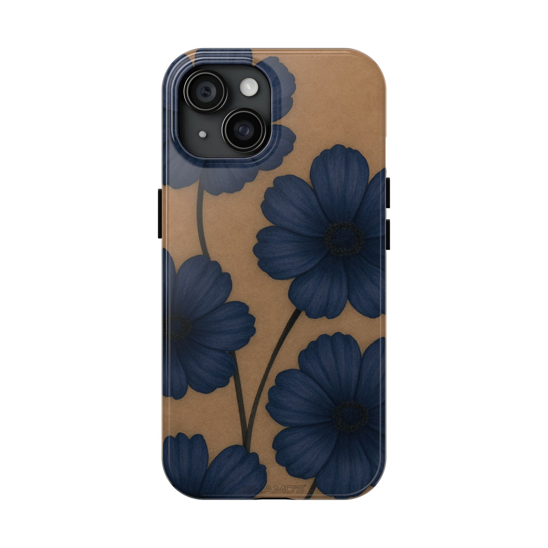 Navy Floral Tough Phone Case — Durable Protective Case with Blue Flowers on Kraft Background