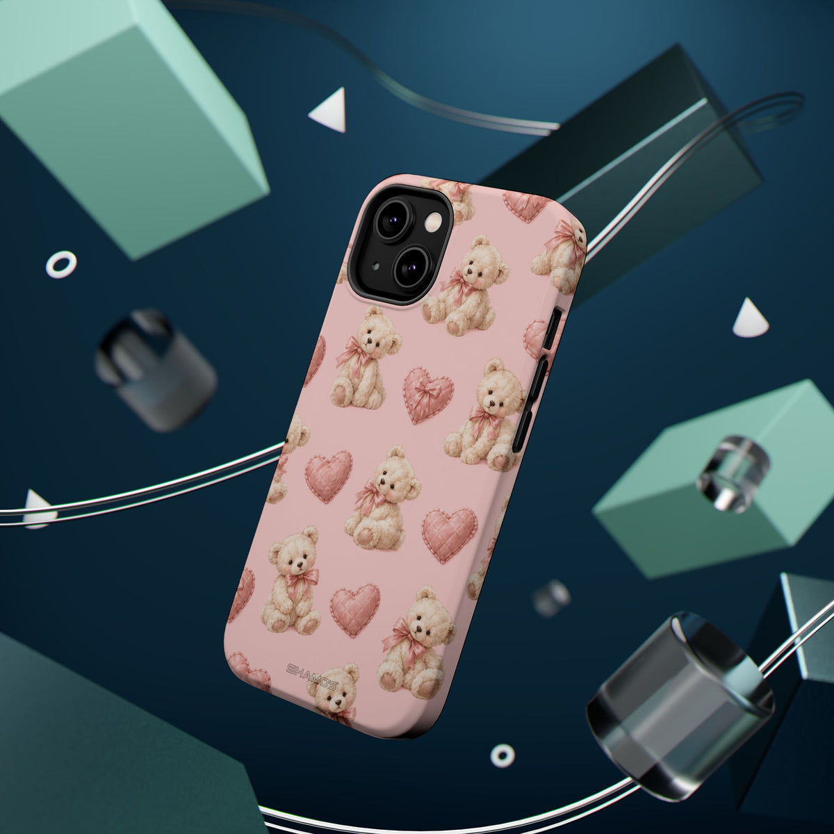 Pink Teddy Hearts Love iPhone Case, Impact-Resistant MagSafe Compatible