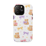 Medium size phone case with cute teddy bears and colorful bows pattern on white background